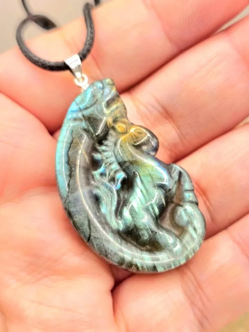 Nature Labradorite Horse And Dragon Pendant Necklace